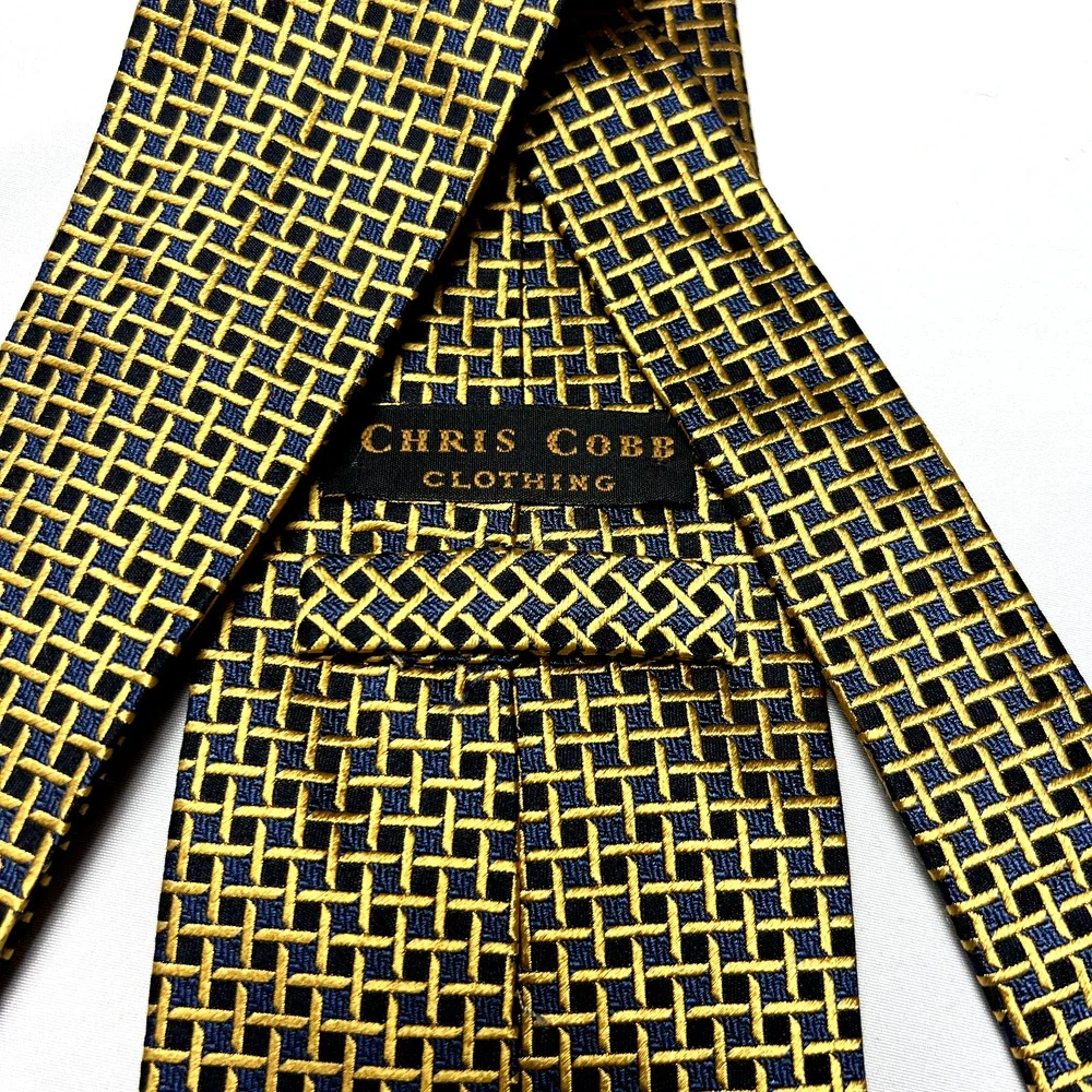 NWT Chris Cobb Clothing 100% Silk Gold Blue Metallic Checked Designer Necktie